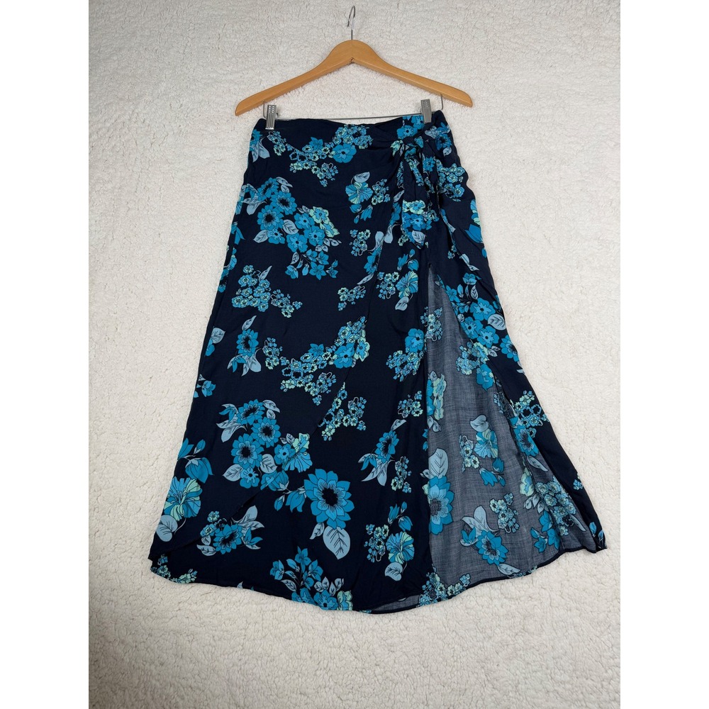 Free People Sz 2 Sunray Sarong Floral Faux Wrap Skirt Navy Blue Turquoise Slit